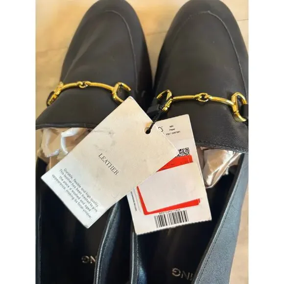 Mango Women’s Gold Buckle Leather Upper Moccasins Black Size 9 New Flats - Picture 7 of 7